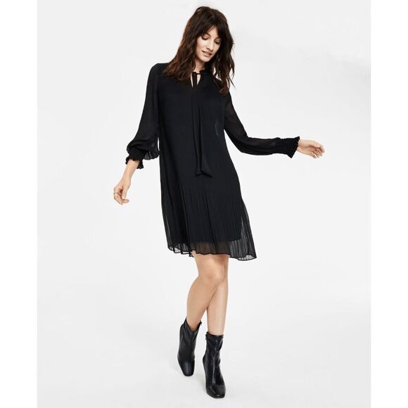 DKNY Women's Petite Tie-Neck Smocked-Cuff Long-Sleeve Dress - Black 4P - Picture 1 of 9
